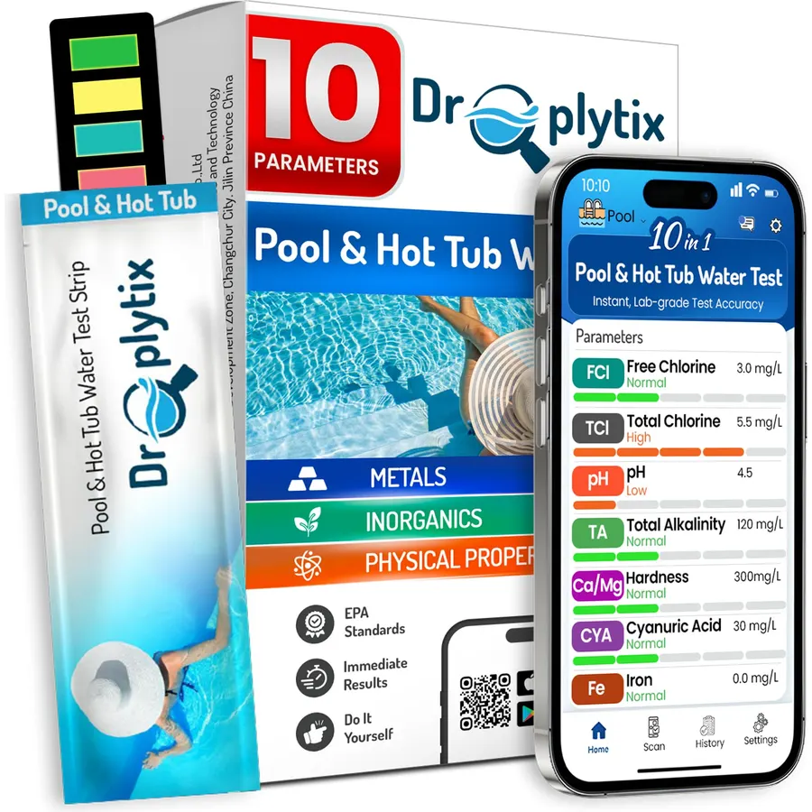 10-in-1 Pool & Spa Water Test Kit with App, Hot Tub, Saltwater, Chlorine, Cyanuric Acid, Alkalinity, Hardness, pH, Nitrate, Sulfate, Digital Water Quality Testing Strips (DXPOOL-R10-S10)
