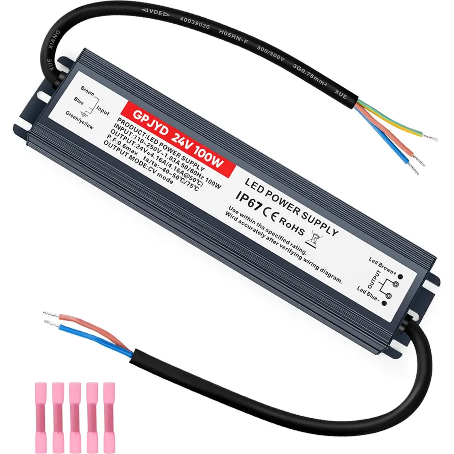100W LED Driver 24V Power Supply 4.16A, Waterproof IP67 LED Power Adapter