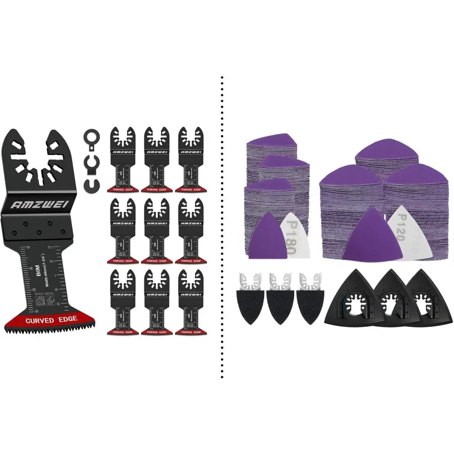 10PCS BIM Oscillating Saw Blades Metal Wood Cutting+ 266CS Zirconia Oscillating Tool Sanding Kit with 3 Triangle & 3 Finger Sanding Pads, 260 Detail Sandpapers for Corner Wood Plaster Sanding