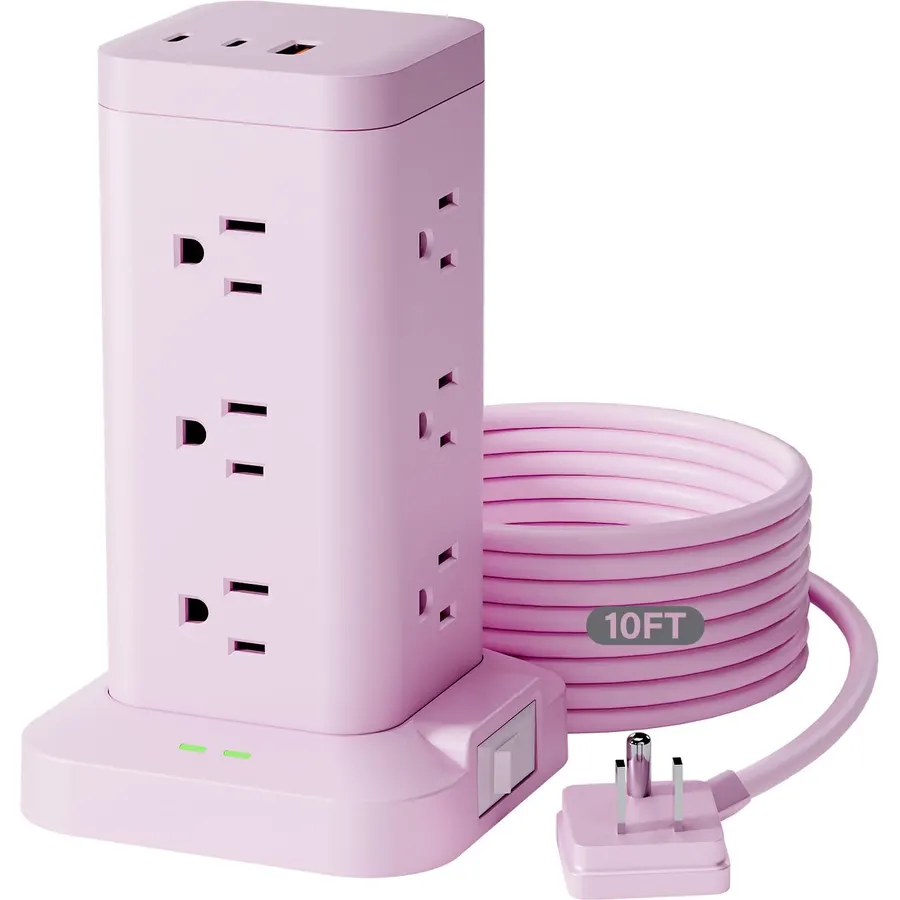 12AC 3USB Power Strip Tower Surge Protector 1800J, 10ft, Pink, 1