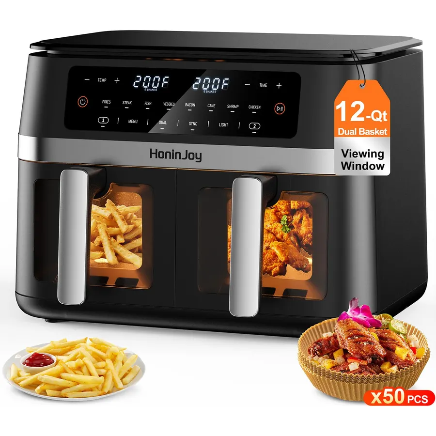 12QT 12-in-1 Large Dual Basket Air Fryer with 50pcs Paper Liners