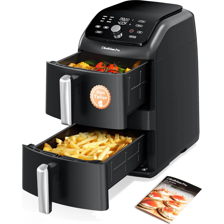 12QT Large Double Air Fryer, Family-Size Dual Airfryer with 2 Baskets, SyncHeat Even Heating, Stacked Compact Design, Smart Finish & Match Cook, PFAS-Free Nonstick, Dishwasher-Safe, Black