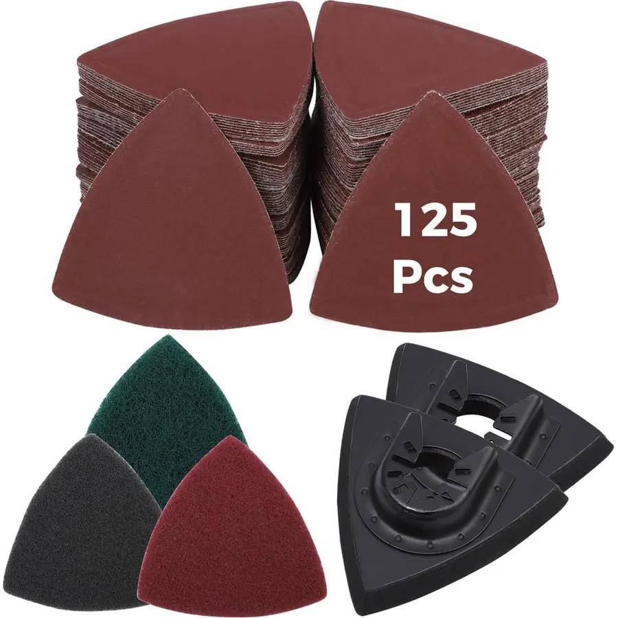 133 Pcs Detail Sanding Pads, Generic Triangular Sanding Discs Kit, 125 Triangular Sanding Paper with 2 Multitool Sanding Pads and 6 Buffing Pads, Mouse Sandpaper for Oscillating Tool Wood Plaster