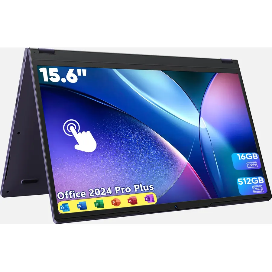 15.6 Inch 2-in-1 Touchscreen Laptop, 360° Flip Convertible Notebook, Core m3-8100Y, 16GB RAM 512GB SSD, FHD IPS Display, Win 11 Pro, WiFi 5, BT 5.1, Lightweight Computer for Work, Study & Travel