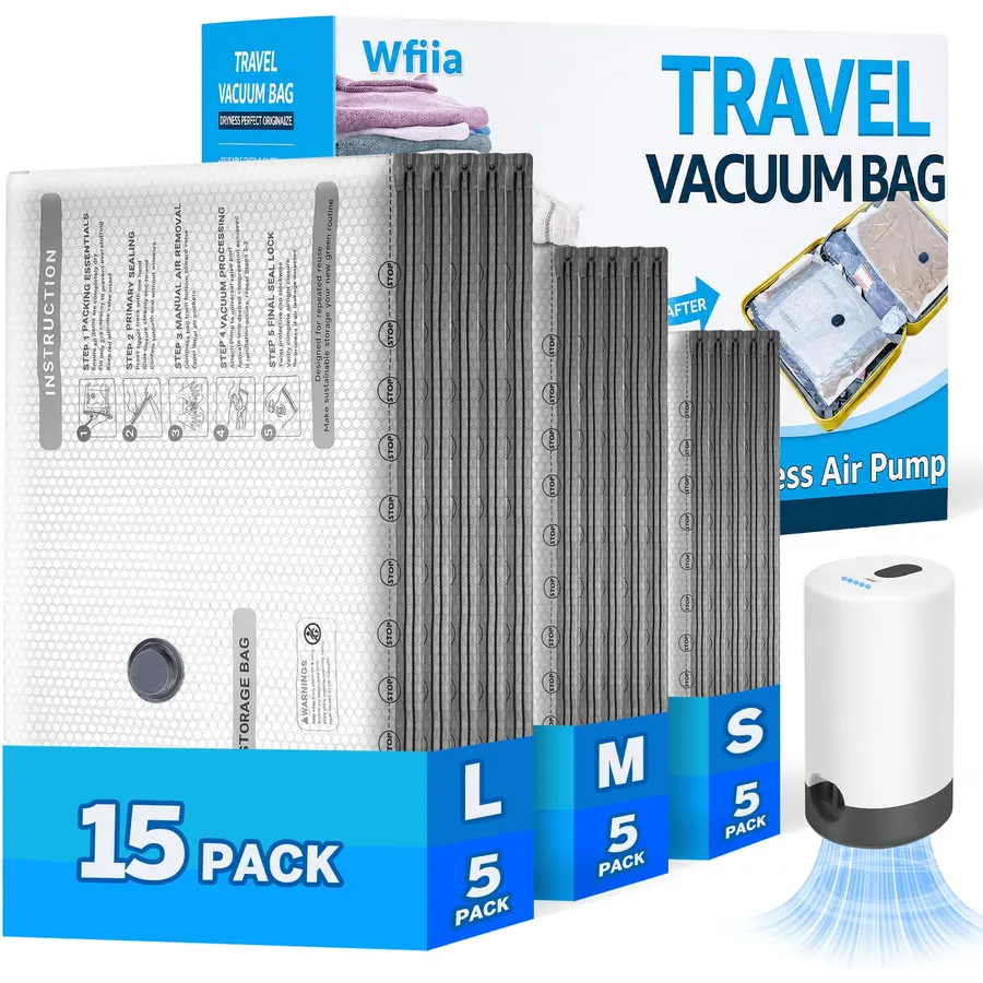 15 Packs Vacuum Bags for Travel with Rechargeable Pump, 3 Sizes Heavy Duty Vacuum Seal Bags for Clothing, Compression Vacuum Travel Bags for Luggage, Vacuum Packing Bags for Closet Organization