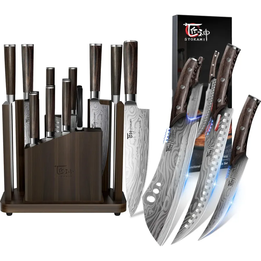 ROCOCO The 15 PCS Kitchen Block Knife Set with Effort Saving Kitchen Knife Bronze for Cutting Ribs Roasts Fruits Veggies Multipurpose Kitchen Knives for BBQ Birthday Thanksgiving Christmas Gift