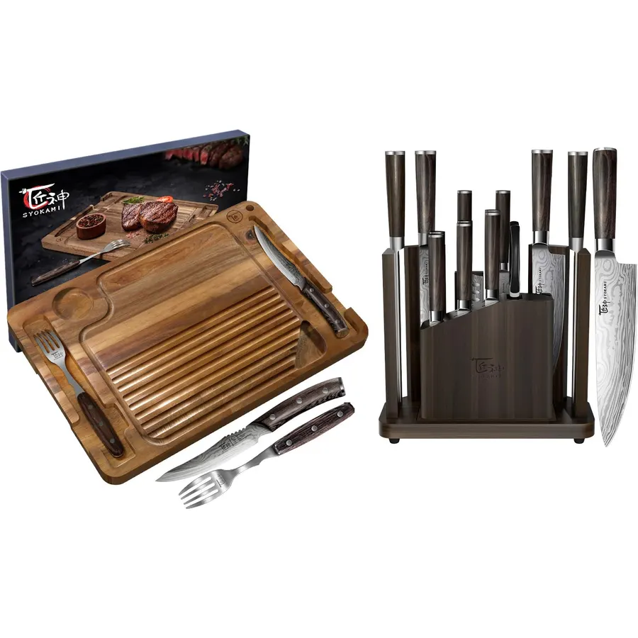 15 Piece Kitchen Knife Set with Magnetic Block+Wood Steak Board Set with Steak Knife and Fork