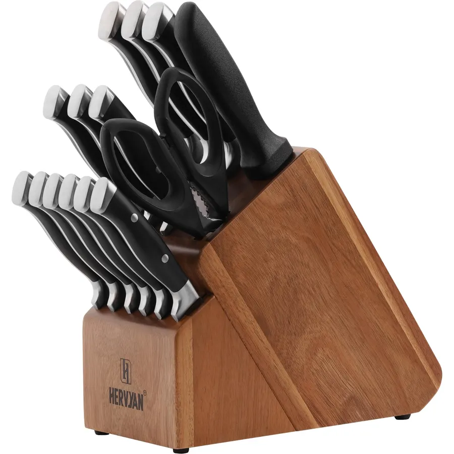 15-Piece Knife Block Set, Black ABS, Dark Brown Acacia Block