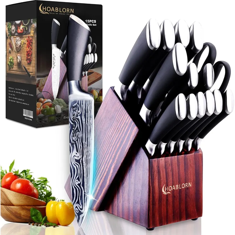 15pc Professional Stainless Steel Knife Set with Wooden Block - Damascus Knife Set for Chefs, Family, Housewarming, Wedding Gift