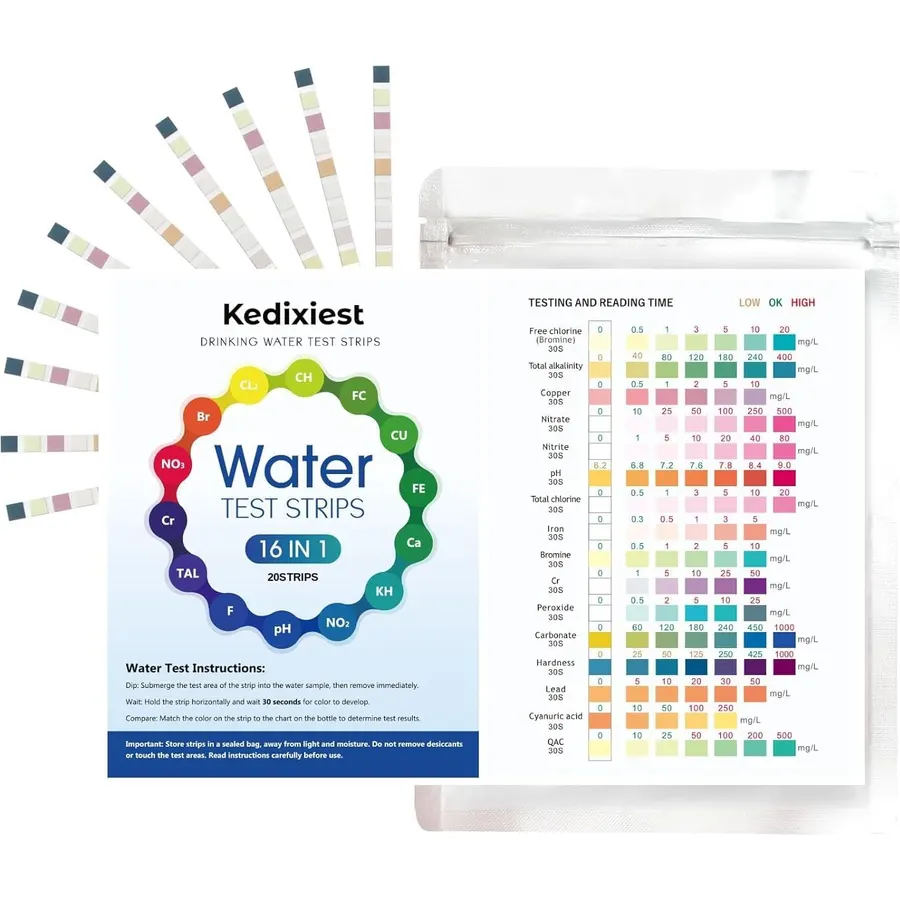 16-in-1 Drinking Water Test Strips, 20 PCS - Home Testing Kit for Tap & Well Water | Lead, Nitrate, Chlorine, Iron, Manganese, pH, Hardness, Mercury, Fluoride Detection