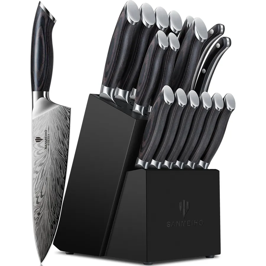 Knife Block Set, 12 Pieces Kitchen Knife Set with In-drawer Knife Block, Stainless Steel Knife Set with 6PCS Steak Knives, Ultra Sharp Non-stick Coating Chef Knife Set,Drawer Knife Organizer (Khaki)