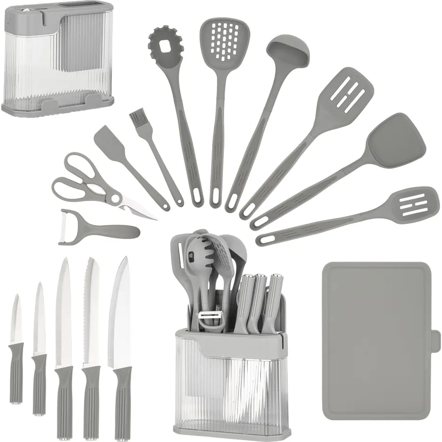 17-Piece Kitchen Knife & Utensils Set with Block, Green