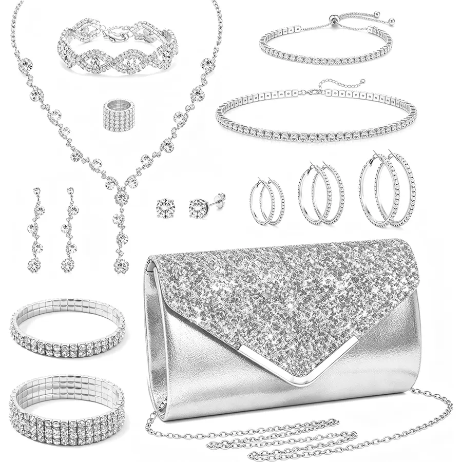 4 Pcs Purse Rhinestone Jewelry Set Prom Jewelry Glitter Bling Clutch Purse Bride Necklace Earrings Bracelets Sparkly Costume Kit for Women Bride Wedding Prom Evening Party