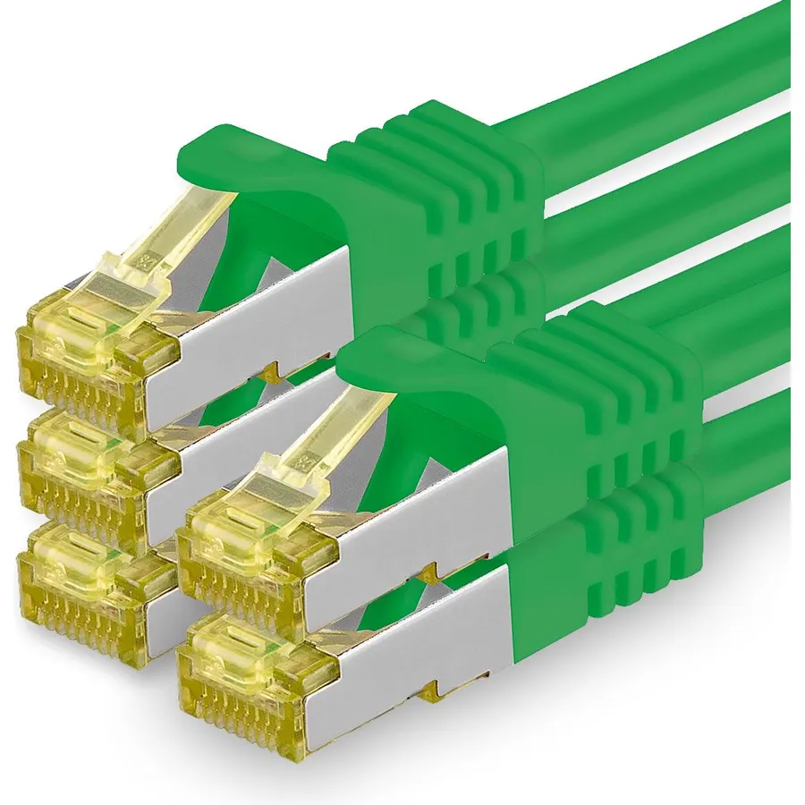 1aTTack.de Cat.7 Patch Cable Set S/FTP (PiMF) Ethernet LAN Network Cables 10 Gigabit/s High Speed 600 MHz with Locking Protection Halogen-Free (LSZH) Green - 5 Pieces 1m