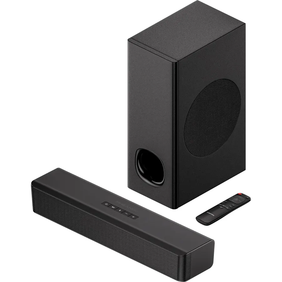 2.1 Compact Sound Bars for TV with Subwoofer, HDMI ARC/Bluetooth 5.0/Optical/AUX/RCA Connection, Remote Control, Adjustable Bass, Wall Mountable – P15, 140W, 16 inch, Black