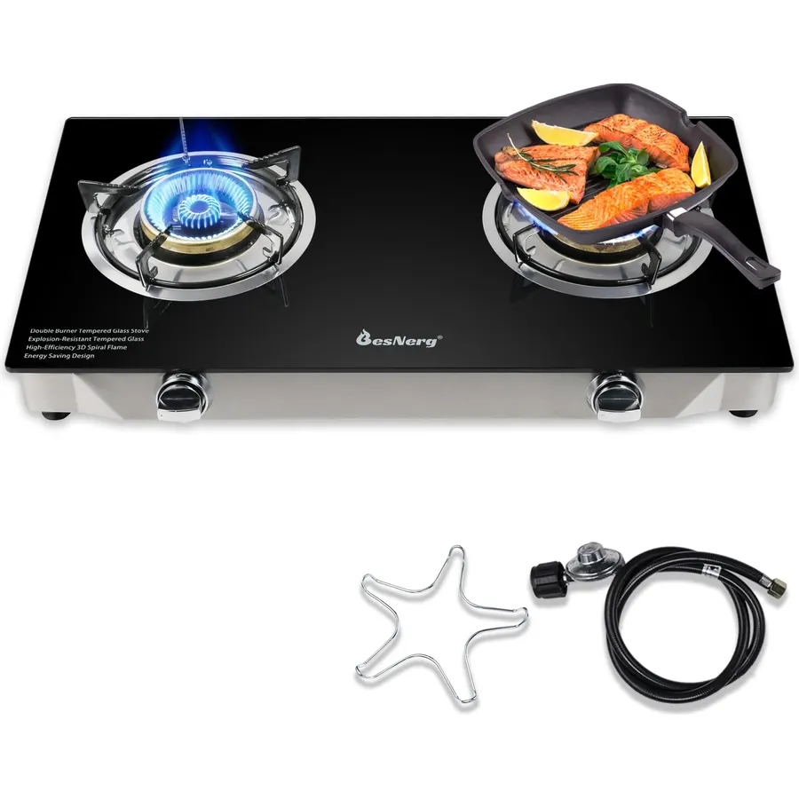 CAMPLUX 2 Burner Propane Stove, LPG Tempered Glass Auto Ignition Double Burner Portable Gas Stove Top, 19,000 BTU Propane Cooktop for Camping, CSA Regulator & Hose Included, estufa de gas portatil