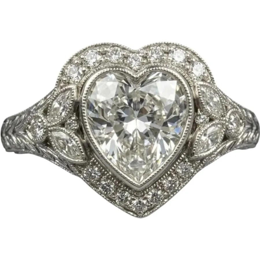 2 Ct Heart Shape Diamond Vintage Art Deco Leaf Engraved Antique Filigree Milgrain Edwardian Engagement Ring For Women 14K White Gold Plated Handmade Statement Anniversary Jewelry Gifts