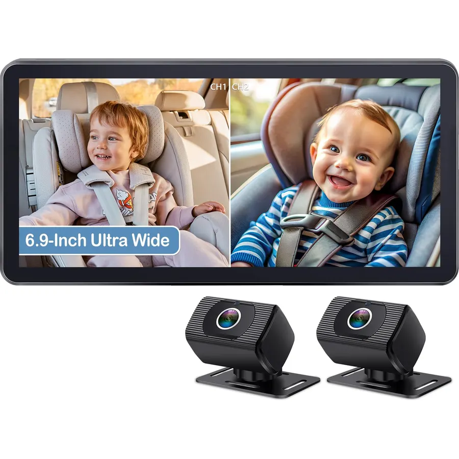 Dual Baby Car Camera for 2 Kids: 6.9" Large Split-Screen with 2-Camera