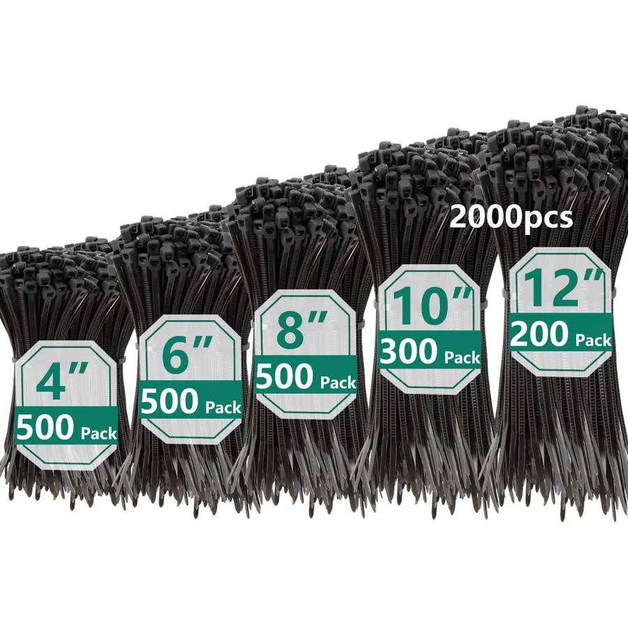2000 PCS Zip Ties Assorted Sizes 4+6+8+10+12 Inch Self-locking Nylon Cable ties Outdoor, UV Resistant Wire Straps for Home Office Garden Workshop Indoor Outdoor Fence(Black)