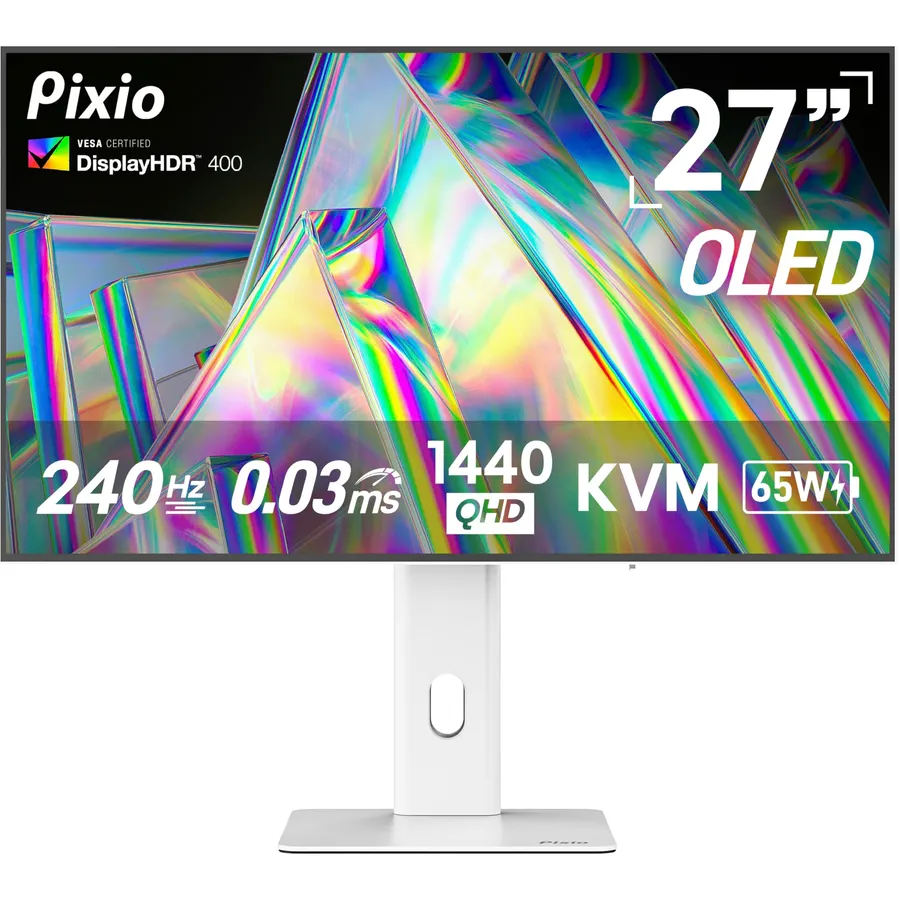 27" WOLED White Gaming Monitor, QHD 1440p, 240Hz, 0.03ms, DisplayHDR True Black 400, Adaptive Sync, KVM switch, Fully Adjustable Stand, HDMI 2.1, DisplayPort, USB-C, RGB light, PX277 OLED Max V2 White