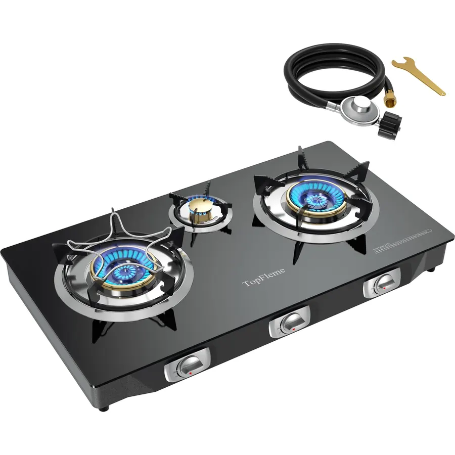 3 Burner Propane Stove 32,300 BTU High-Efficiency Tempered Glass Auto-Ignition Gas Burner Stove Top with CSA Hose for Outdoor RV Camping Emergency Cooking