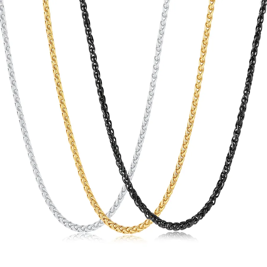 3 Pcs Chain Necklace for Men, 4mm Stainless Steel Gold Black and Silver Wheat Chains for Mens Jewelry Gift, 16"/20"/24"/28"/32 Inches