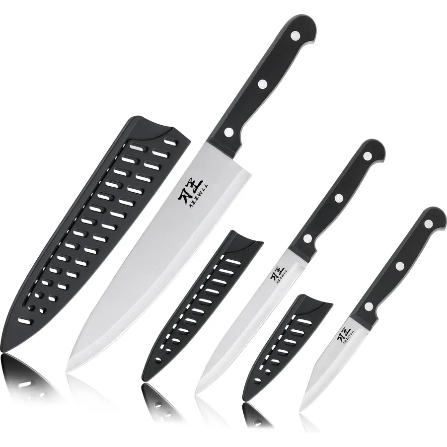3 Pcs Chef Knife Set, Full-tang Blade Kitchen Knife with Sheath for Cooking