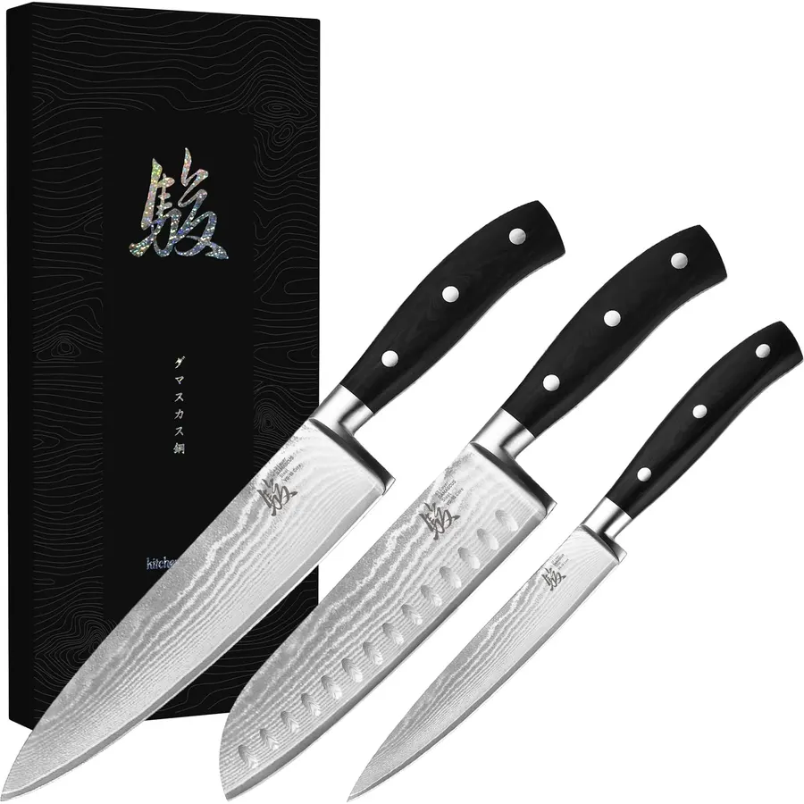 3-Piece Japanese Style Damascus Chef Knife Set, 67-Layer VG10 Steel Core