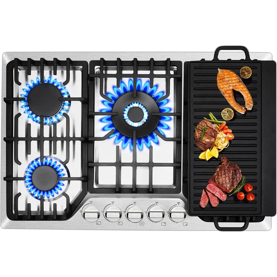 ThermoMate 30 Inch Gas Cooktop, Ultra-Heavy Commercial Grade Grates, 52,000 BTU 5 Italy Sabaf Burners, Gas Stove Top with Solid Copper Center Burner Base, LED Backlit Knobs, NG/LPG Convertible