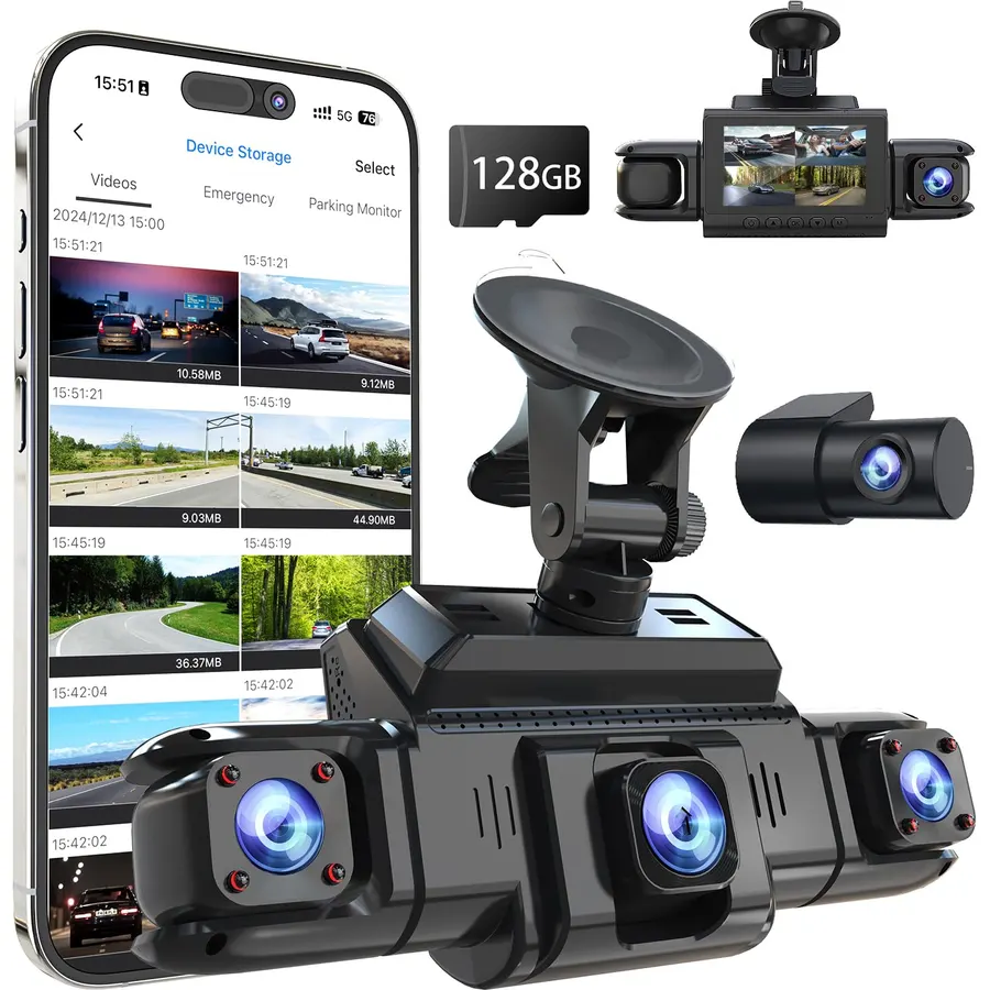 4 Channel 360° Dash Cam, 2K Front + 1080P Rear/Left/Right, 5GHz WiFi 20MB/s | Free 64GB SD Card, APP Control, Night vision, 170 Wide Angle, WDR，G-Sensor,24H Parking Mode, Loop Recording，Supercapacitor