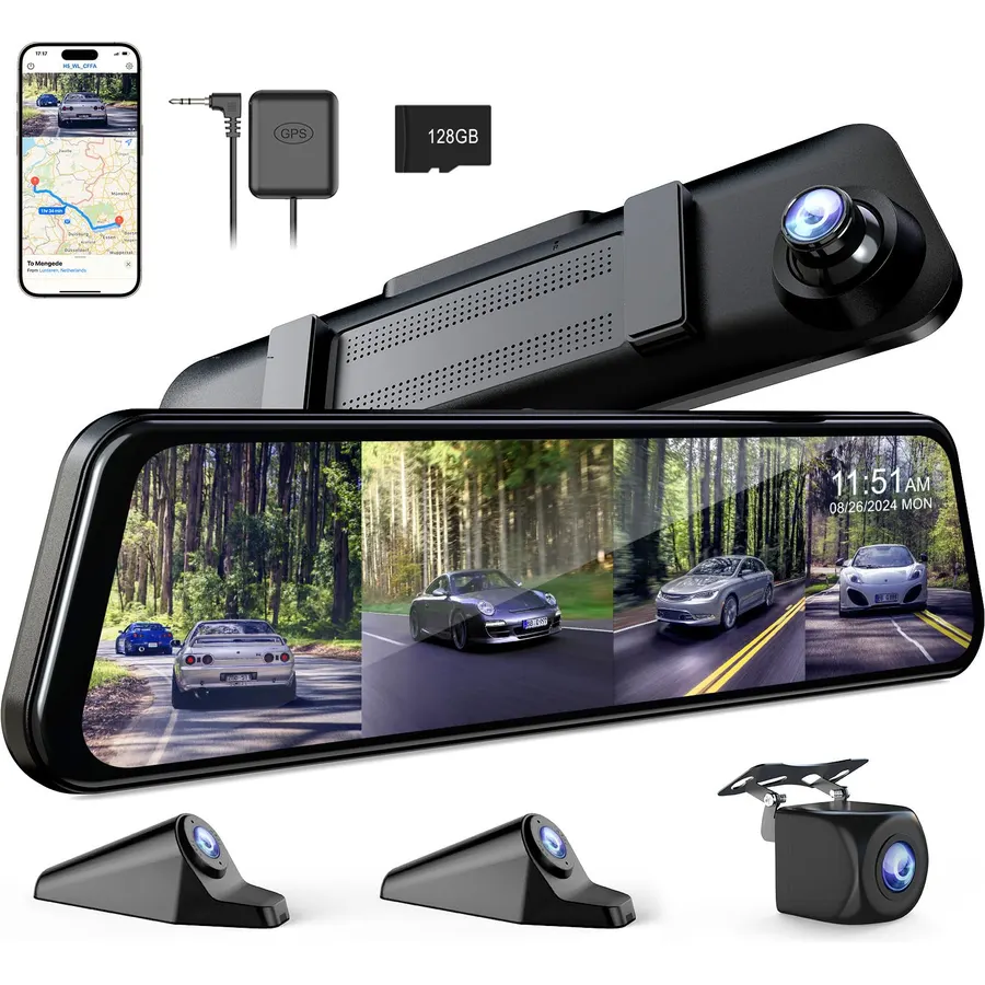 360° View 4 Channel Mirror Dash Cam Detached Side Camera for Cars