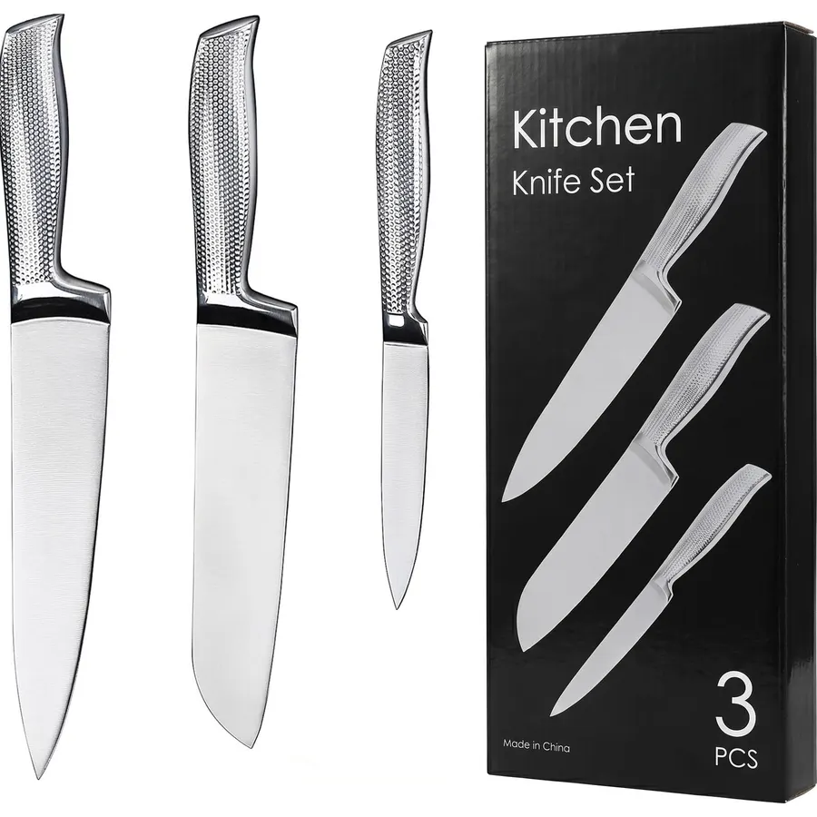 3PC Kitchen Knife Set for Beginners – 8 Inch Chef, 7 Inch Santoku, 5 Inch Utility – Full Tang High Carbon Stainless Steel with Hammered Handle – Entry Level Professional Knives for Cooks