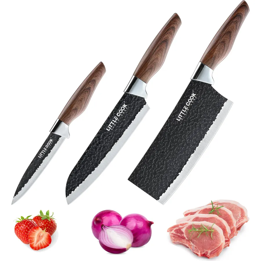 3PCS Chef Knife, Little Cook Chef Knife Set, Includes 7 inch Chef Knife, 7 inch Cleaver Knife and 4.5 inch Boning Knife, Premium Stainless Steel With Ergonomic Plastic Handle (Blackening technique)