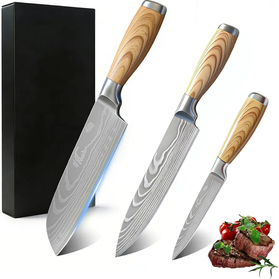 3Pcs Damascus Pattern Stainless Steel Knife Set with Wooden Coating Handle