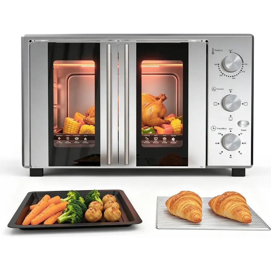 40.1QT Countertop Oven, 1600W French Door Toaster Oven With 3 Knobs, Silver