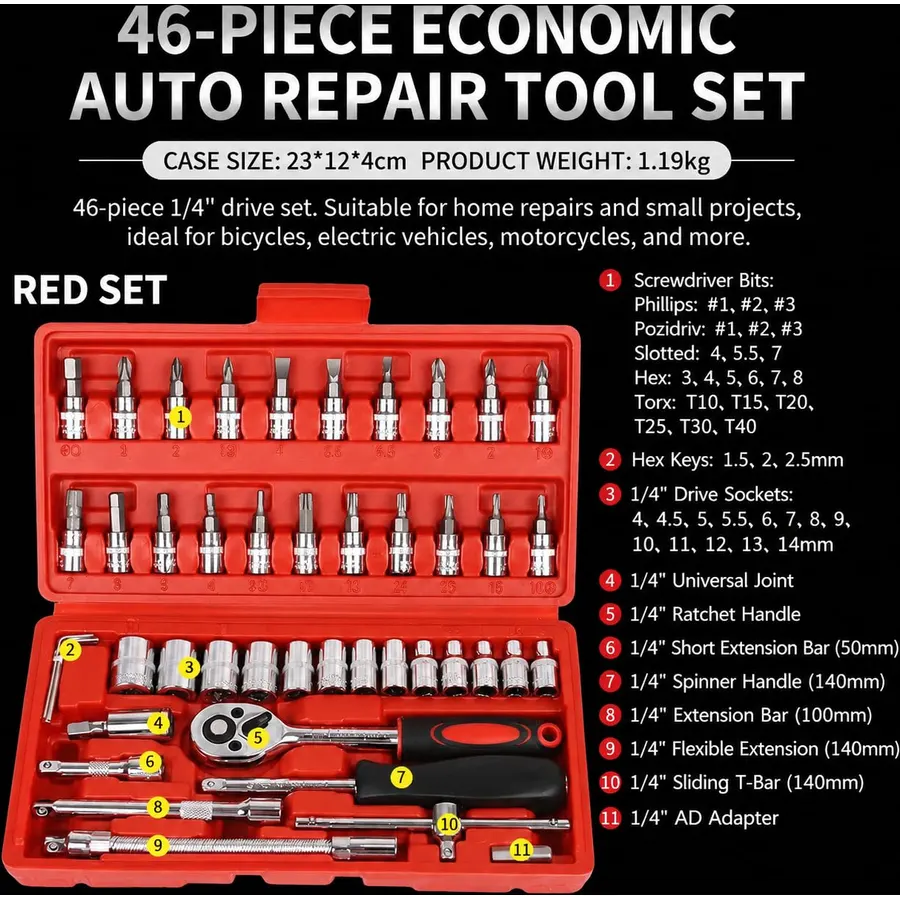 46-Piece Socket Wrench Set, 1/4-Inch Drive Ratchet Socket Set with Metric Sockets, Extension Bars, Screwdriver Bits & Carry Case, Home Auto Repair Tool Kit