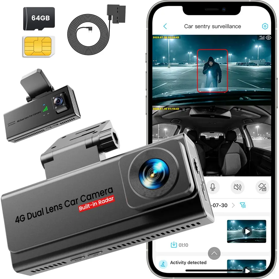 4G LTE Dash Cam with SIM Card, Remote Live View & 24/7 Parking Monitor