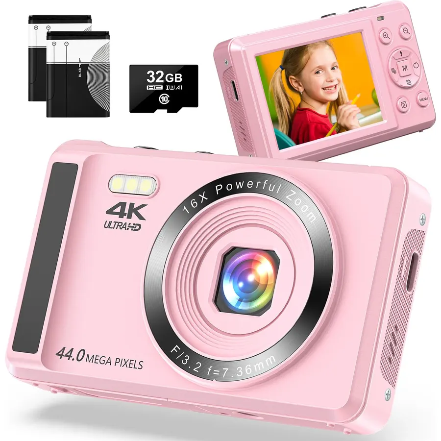 4K 44MP Digital Camera - 16X Digital Zoom, Compact Small Vlogging Camara with 2GB SD Card, 2 Batteries for Teens Girls Boys