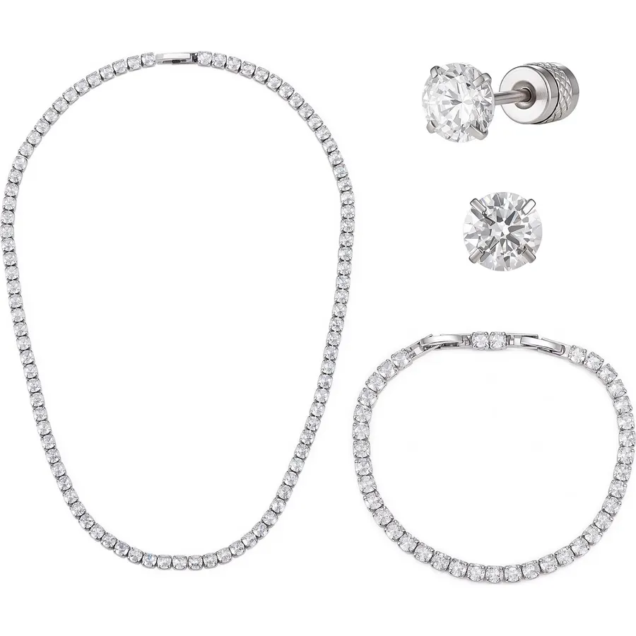 4mm CZ Tennis Necklace Bracelet Earrings Set 3 pcs Wedding for Everyday