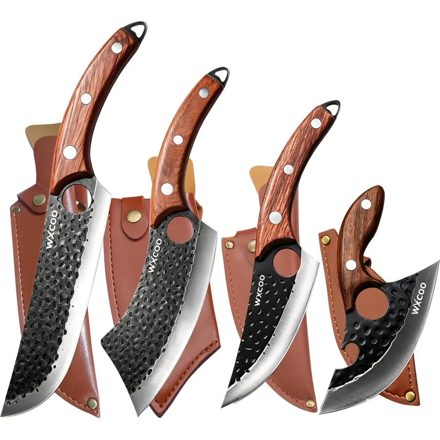 4PCS Butcher Knife Set with Sheath, High Carbon Steel - Brown