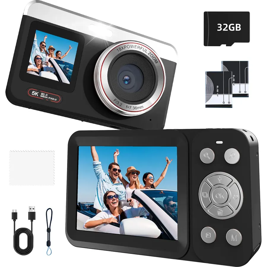 5K 80MP Digital Camera for Photography, Point and Shoot Vlogging Camera with Dual Screen, 18X Zoom & Auto Focus, Compact Camera for Kids Teens Beginners, IMX258 Sensor, Webcam Mode, Black