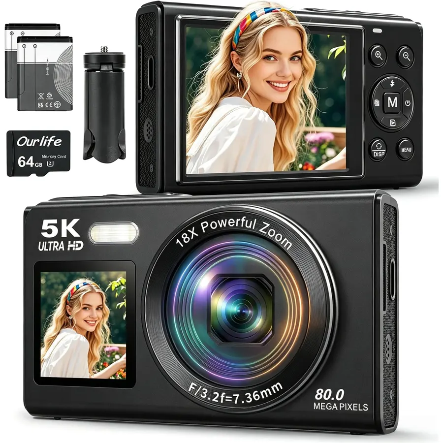 NBD 5K 64MP Digital Camera for Photography with 18X Zoom,2026 Upgraded Autofocus Vlogging Camera,Point and Shoot Digital Cameras with 2 Batteries,64GB TF Card,Flash, Anti-Shake(Black)