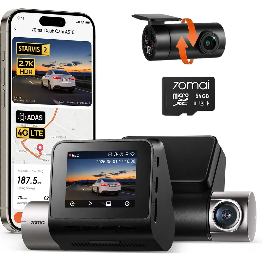 70mai 2.7K Dash Cam Front and Rear, Sony IMX675 and 64GB Card,WiFi GPS