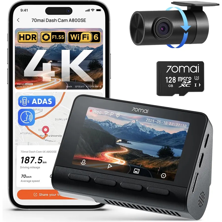 70mai 4K Dash Cam Front and Rear, Built in Wi-Fi 6 & GPS Car Camera, Super Night Vision, ADAS, 3'' IPS Screen, 24H Parking Mode, Time-Lapse, Loop Recording, with 128GB Card (A800SE)