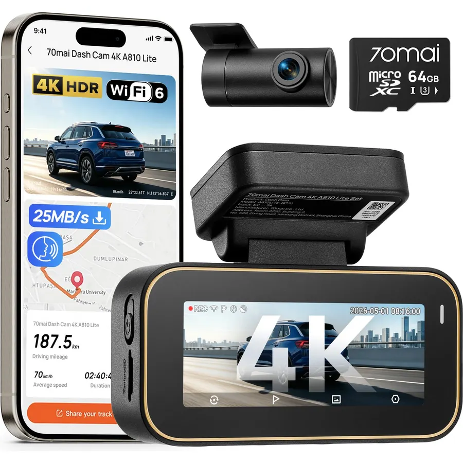 70mai A810 Lite 4K Dash Cam Front and Rear, 5GHz Wi-Fi 6 DashCam, Car Camera 4G LTE Remote Access, GPS Tracking, HDR Night Vision, 24H Parking Mode, Voice Control, Emergency Lock