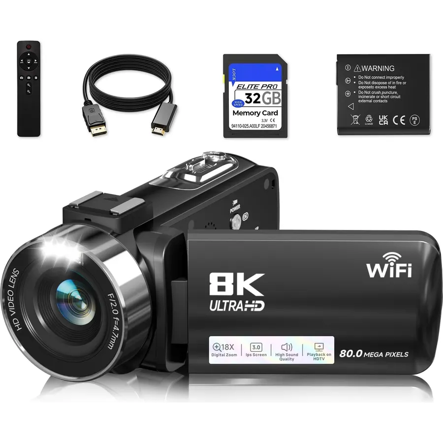 8K Cam Recorder 80MP WiFi Black Video Camera for Beginner Vloggers