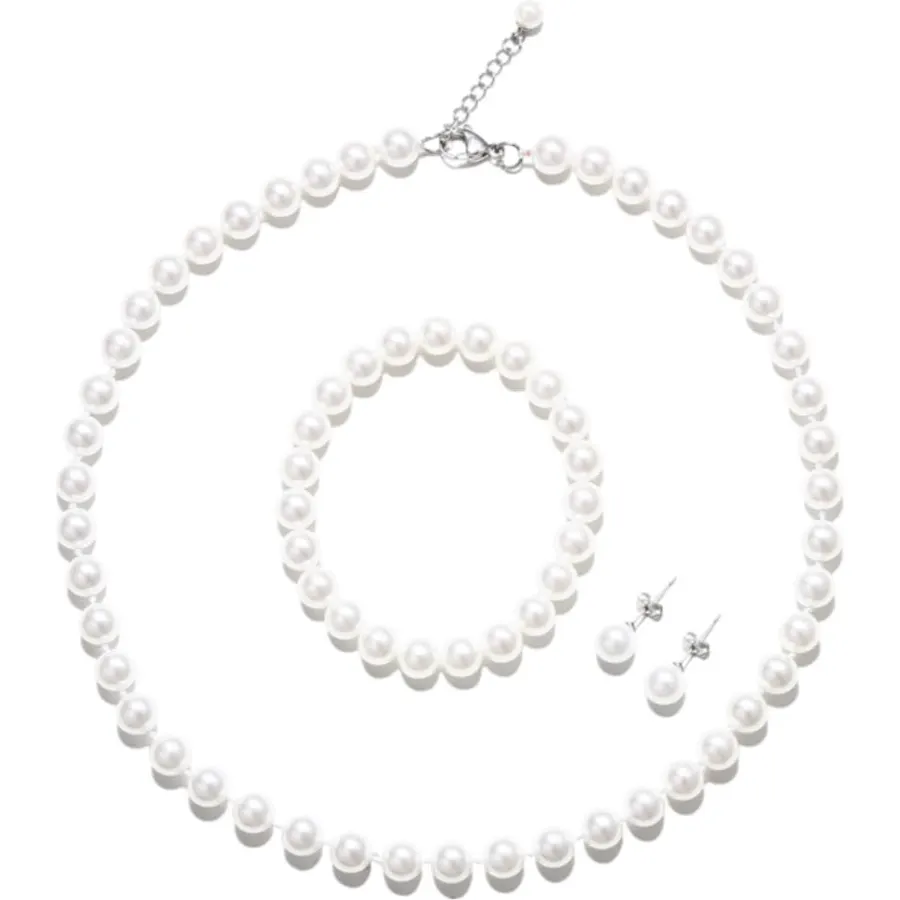 8mm Pearl Jewelry Set for Women & Girls, Necklace Bracelet Earrings