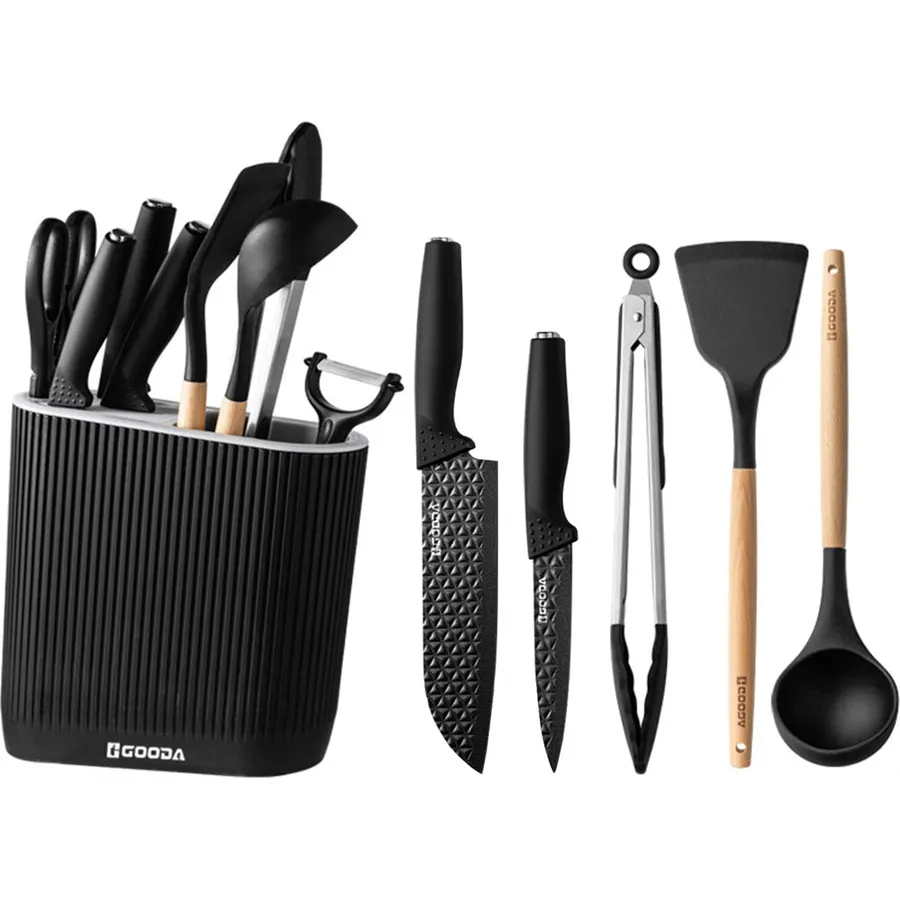 9Pcs Kitchen Utensils Set with Knife Block, Heat Resistant Silicone Cooking Utensils Set with Wooden Handle, Stainless Steel Coated Knife Block Set for Kitchen, Essential Kitchenware & Tools