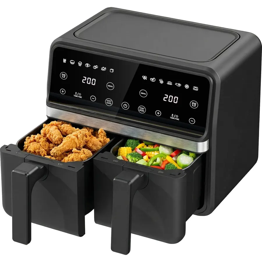 9QT Large Double Air Fryer, 10-in-1 Smart Cook & Sync Finish, Black