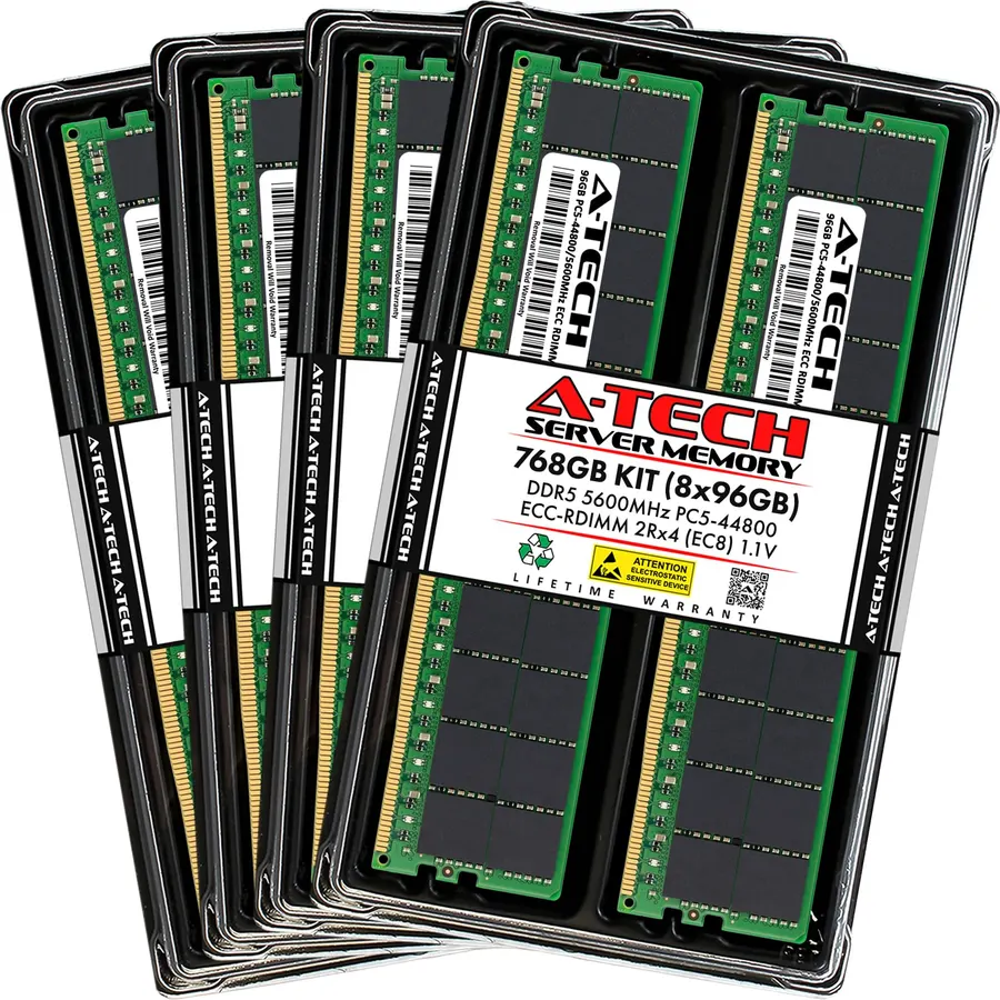 A-Tech 768GB Kit (8x96GB) DDR5 5600MHz PC5-44800 ECC RDIMM 2Rx4 (EC8 10x4) Dual Rank 1.1V ECC Registered DIMM 288-Pin Server RAM Memory Upgrade Modules (A-Tech Enterprise Series)